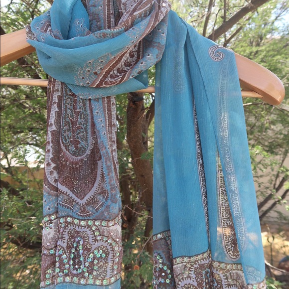 Silk blue and brown scarf - Picture 2 of 8